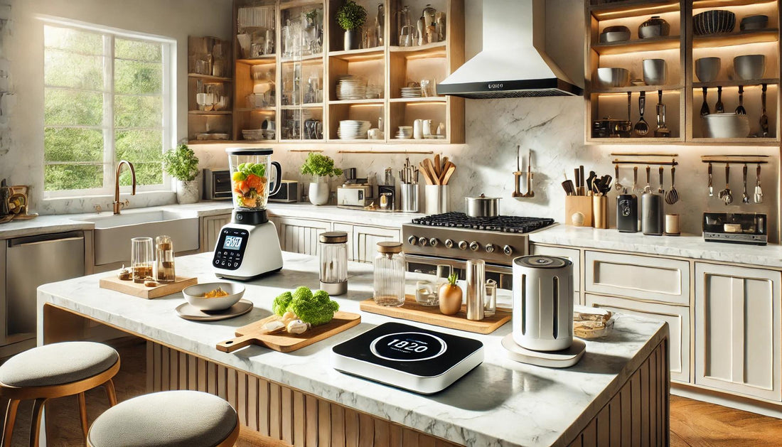 Lifelike, luxurious modern kitchen with white marble countertops, smart gadgets, and meal prep items arranged on the counter.