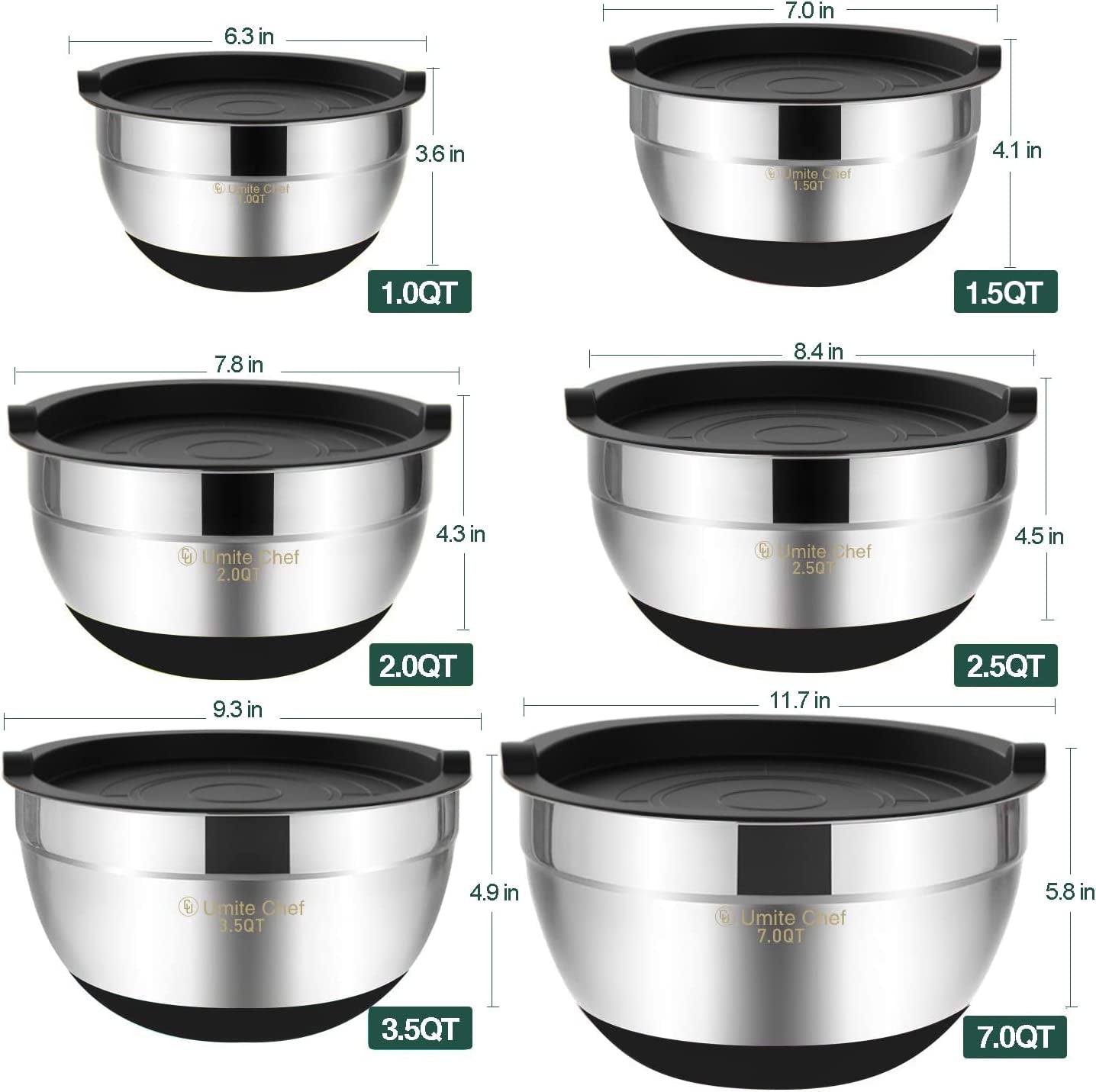 6-Piece Stainless Steel Mixing Bowl Set with Airtight Lids – Non-Slip Nesting Storage Bowls for Mixing & Serving (Sizes: 7, 3.5, 2.5, 2.0, 1.5, 1 QT, Black)