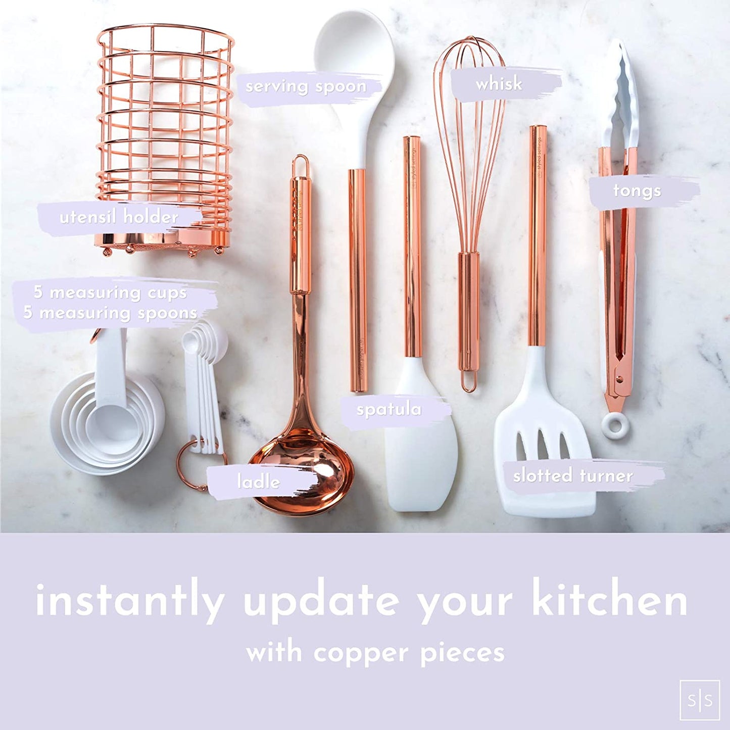 17 Pcs White Silicone & Copper Kitchen Utensils Set with Holder - Rose Gold Kitchen Utensils Set Includes White & Copper Measuring Cups and Spoons & Copper Utensil Holder - Kitchen Accessories
