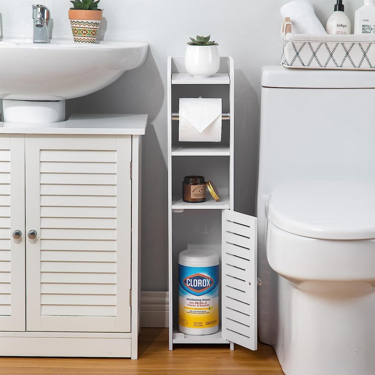 White Bathroom Storage Cabinet with Toilet Roll Holder for Small Spaces - Paper Holder Stand