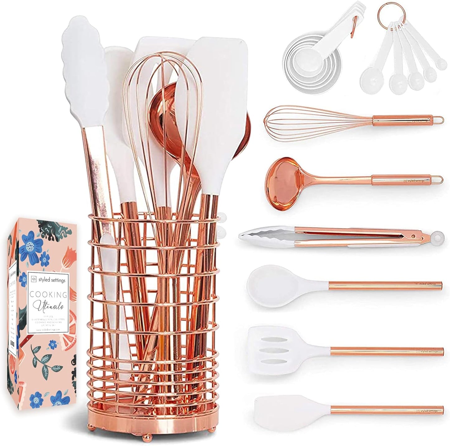 17 Pcs White Silicone & Copper Kitchen Utensils Set with Holder - Rose Gold Kitchen Utensils Set Includes White & Copper Measuring Cups and Spoons & Copper Utensil Holder - Kitchen Accessories