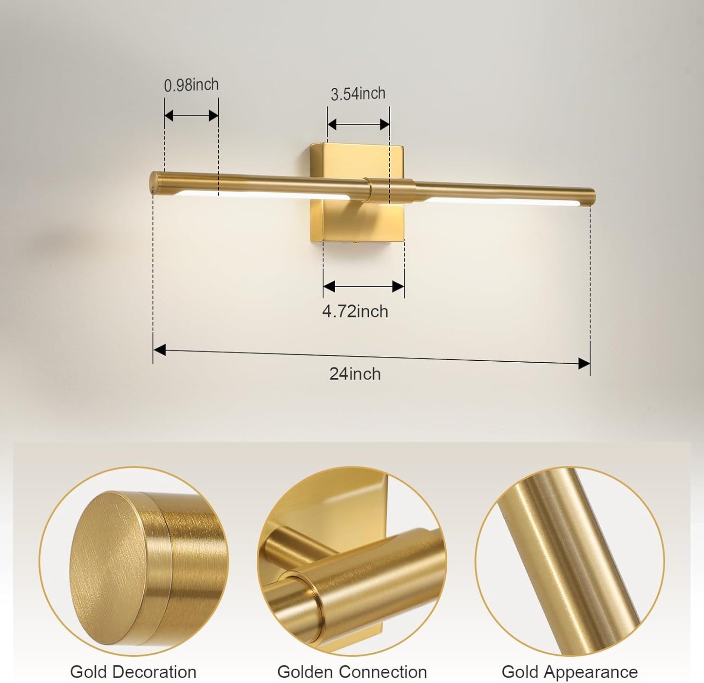 24-Inch Gold LED Vanity Light - Modern Bathroom Over Mirror Sconce, 4000K Adjustable