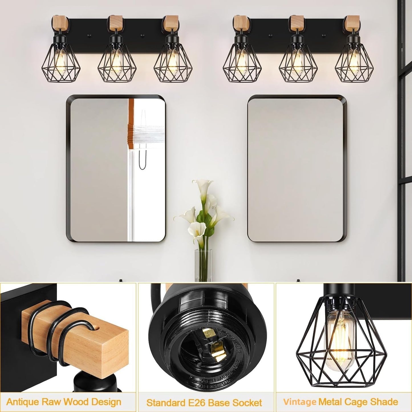 3-Light Farmhouse Vanity Light - Wood & Black Metal Wall Fixture for Bathroom
