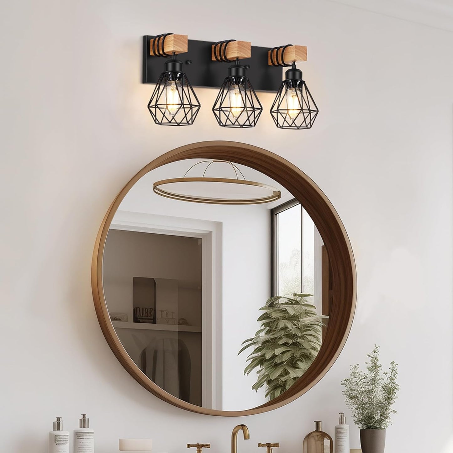 3-Light Farmhouse Vanity Light - Wood & Black Metal Wall Fixture for Bathroom