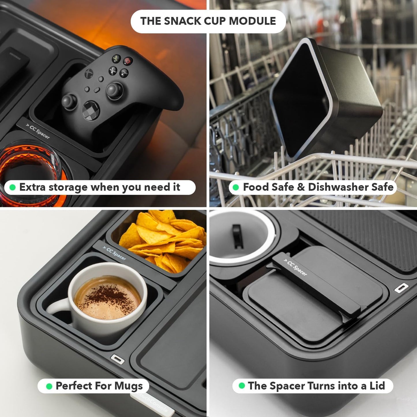 Couch Caddy - Drinks & Snacks Sofa Caddy with Armrest, Table with Phone Stand- TV Remote Control Storage and Organizer - for Living Rooms, RV, and Cars, Black/Green