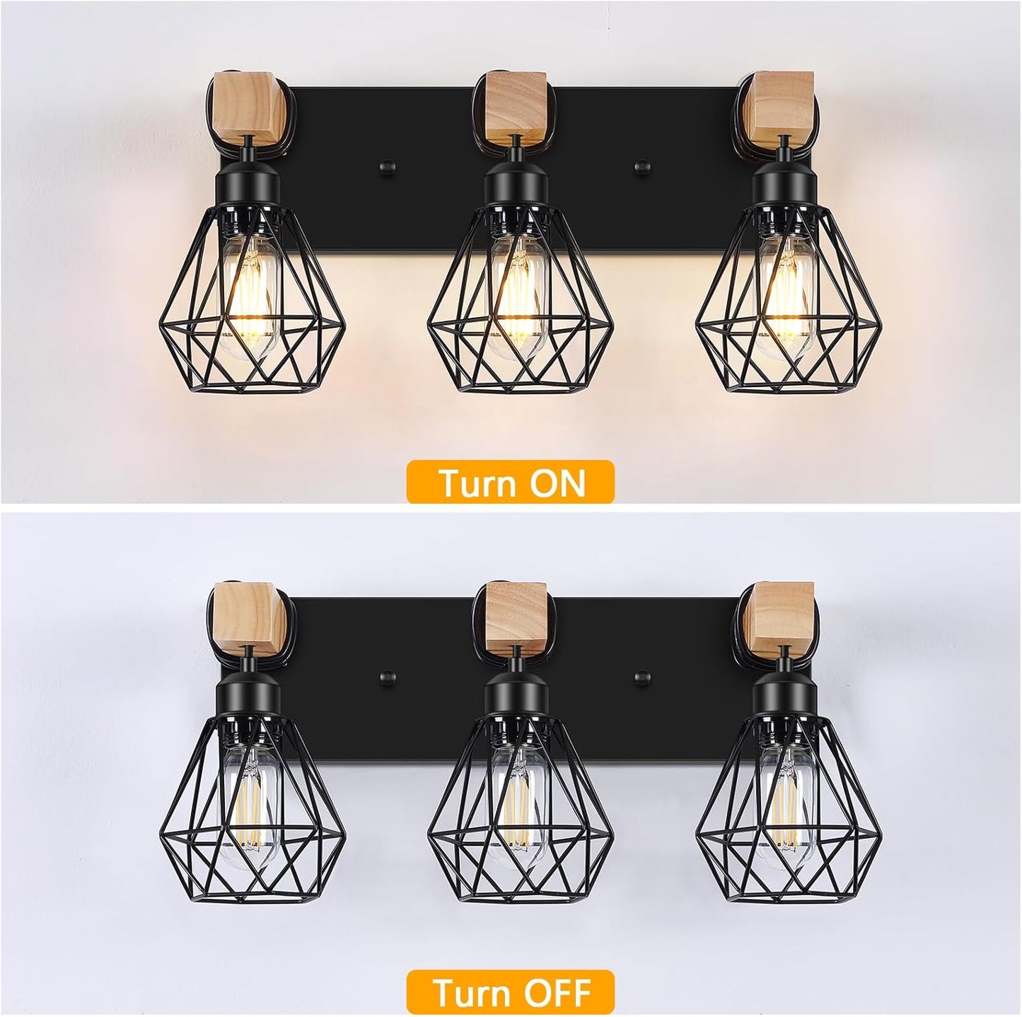 3-Light Farmhouse Vanity Light - Wood & Black Metal Wall Fixture for Bathroom