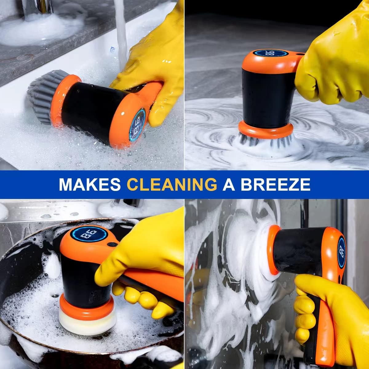 Electric Spin Scrubber - Powerful Scrubber for Cleaning with rechargeable battery and LED Display - Comes with 4 Replaceable Heads - Ideal for Tiles, Kitchen Stove etc.