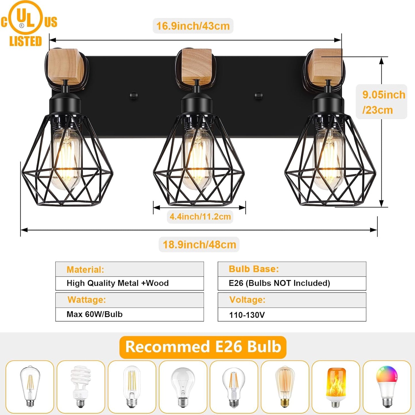 3-Light Farmhouse Vanity Light - Wood & Black Metal Wall Fixture for Bathroom