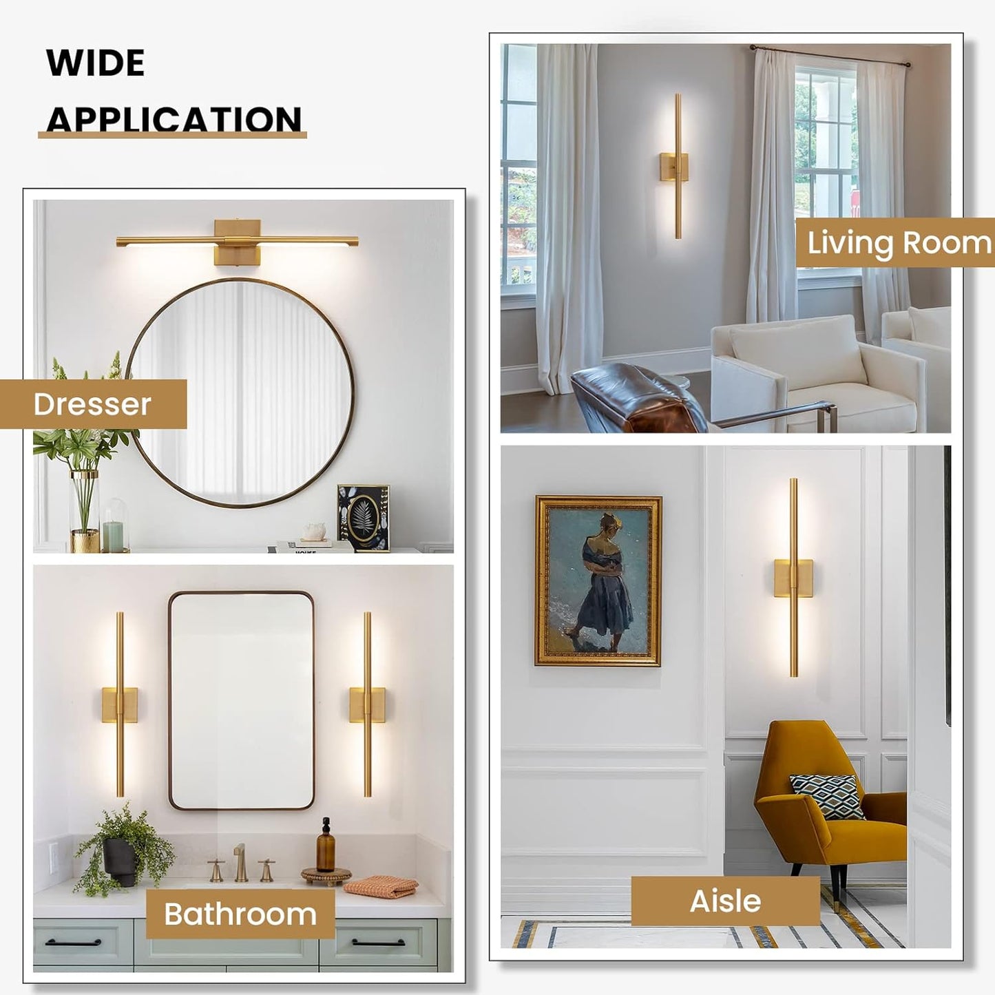 24-Inch Gold LED Vanity Light - Modern Bathroom Over Mirror Sconce, 4000K Adjustable