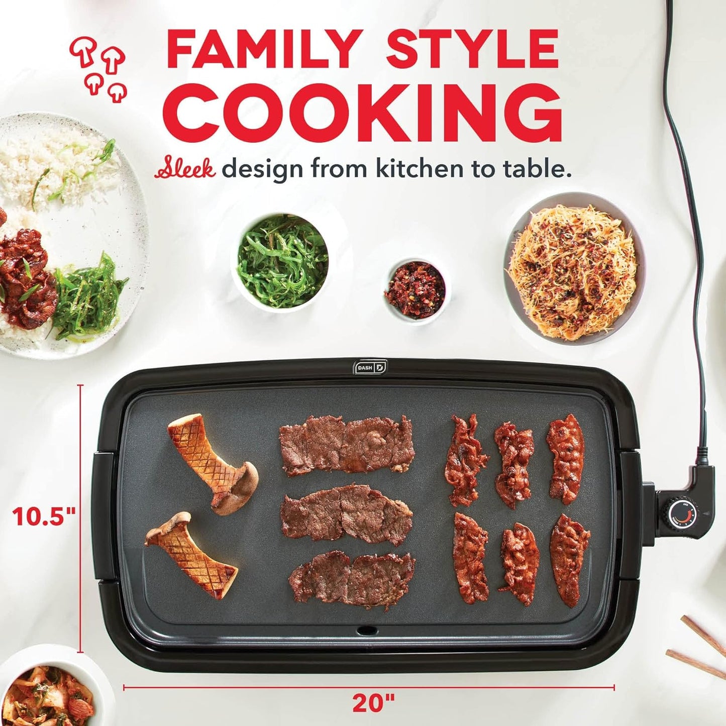 Deluxe Everyday Electric Griddle with Dishwasher Safe Removable Non-stick Cooking Plate for Pancakes, Burgers, Eggs and More, Includes Drip Tray + Recipe Book, 20” X 10.5”,