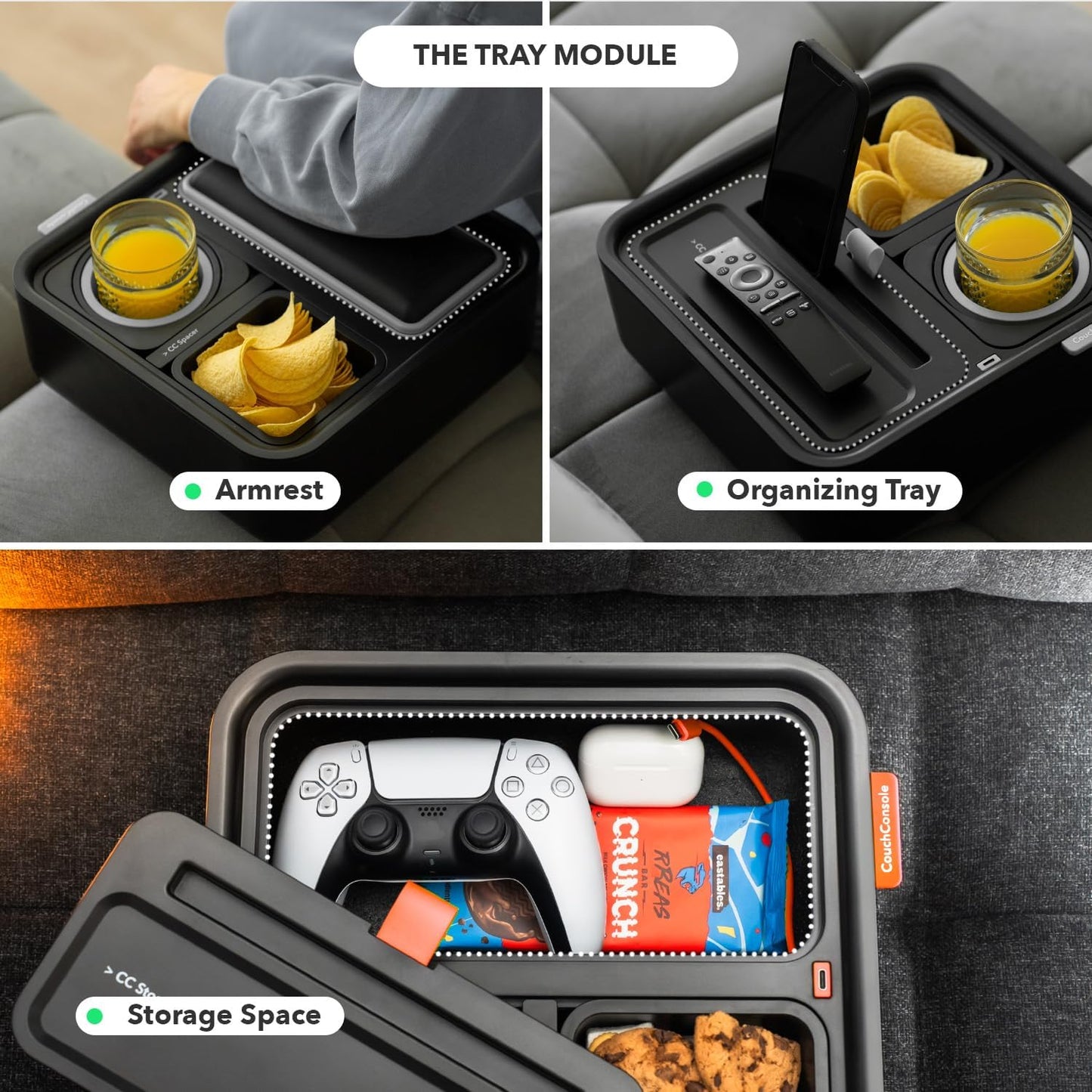 Couch Caddy - Drinks & Snacks Sofa Caddy with Armrest, Table with Phone Stand- TV Remote Control Storage and Organizer - for Living Rooms, RV, and Cars, Black/Green