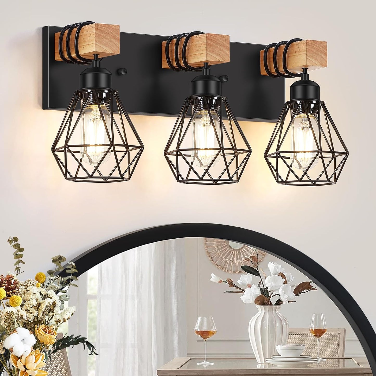 3-Light Farmhouse Vanity Light - Wood & Black Metal Wall Fixture for Bathroom