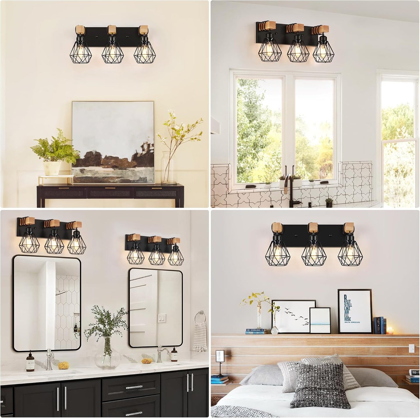 3-Light Farmhouse Vanity Light - Wood & Black Metal Wall Fixture for Bathroom