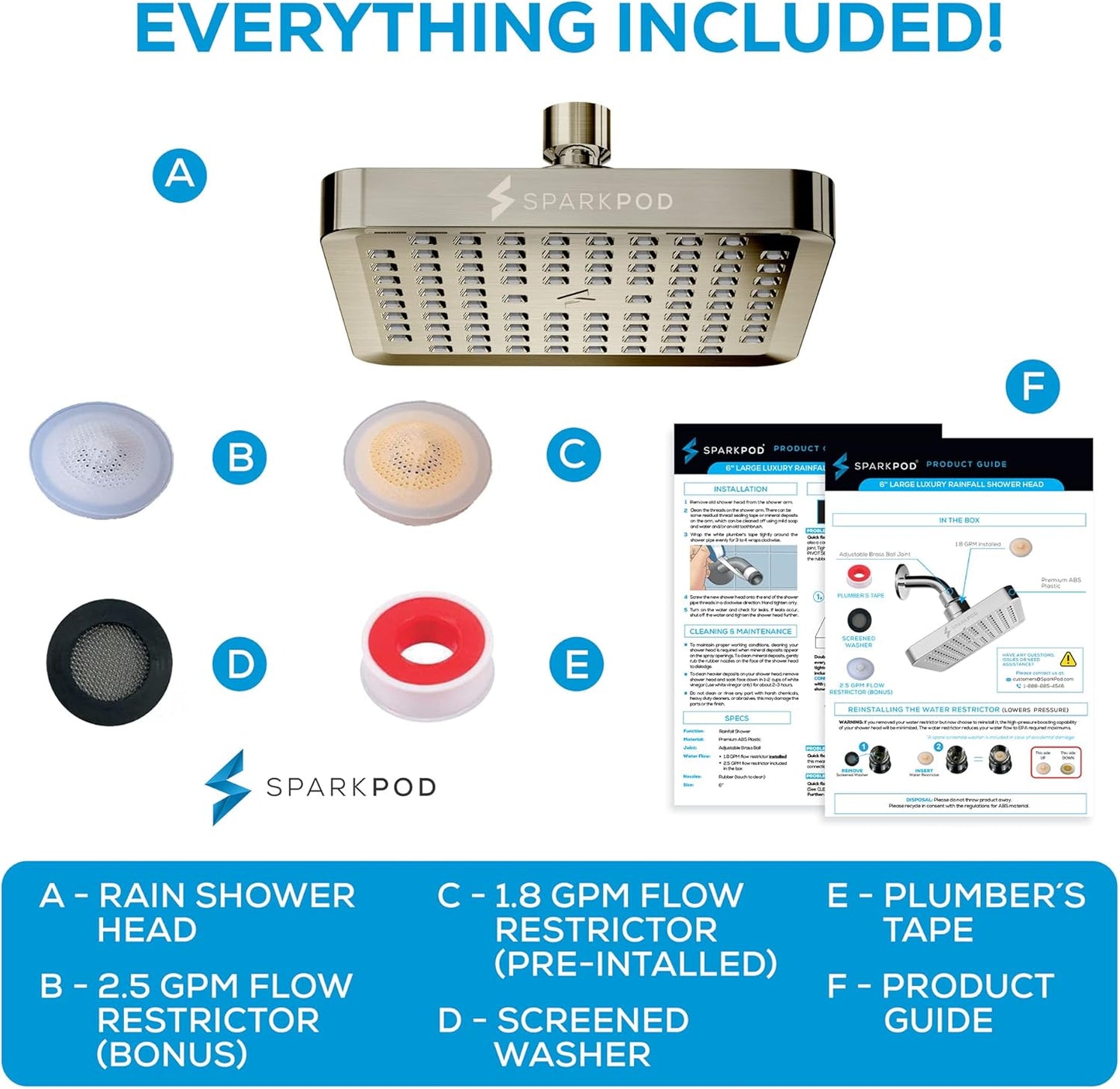 Premium Quality Shower Head - High Pressure Rain - 1-Min Install - Easy Clean Adjustable Replacement for Your Bathroom Shower Heads (Elegant Brushed Nickel, 6 Inch Square)