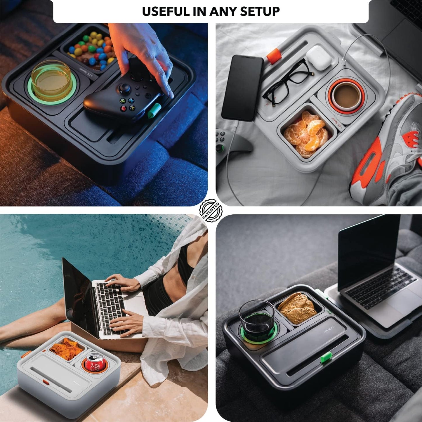 Couch Caddy - Drinks & Snacks Sofa Caddy with Armrest, Table with Phone Stand- TV Remote Control Storage and Organizer - for Living Rooms, RV, and Cars, Black/Green