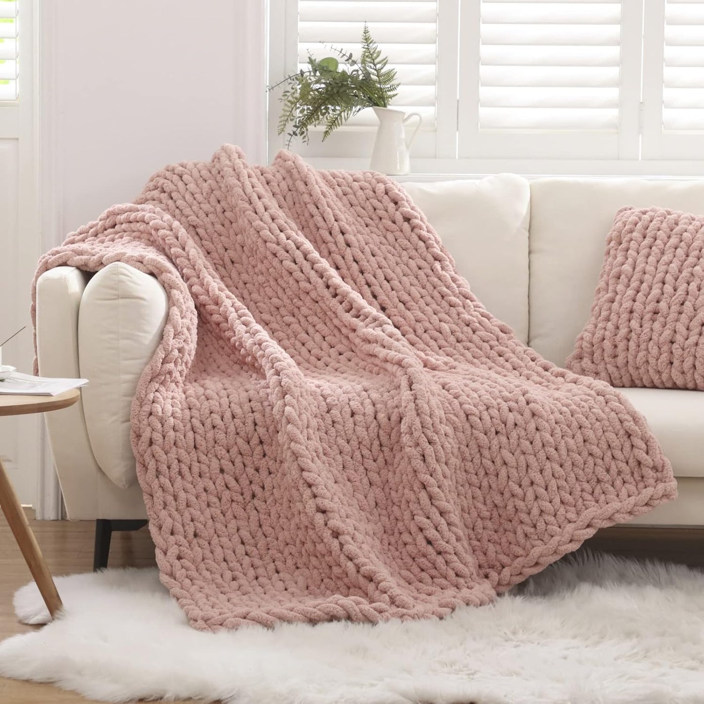 Chunky Knit Blanket – Handmade Chenille Throw Blanket for Couch and Bed (50"x60")