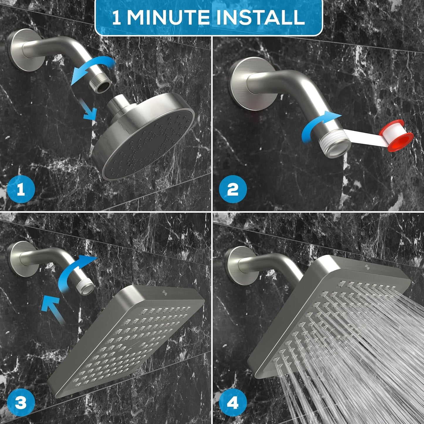 Premium Quality Shower Head - High Pressure Rain - 1-Min Install - Easy Clean Adjustable Replacement for Your Bathroom Shower Heads (Elegant Brushed Nickel, 6 Inch Square)