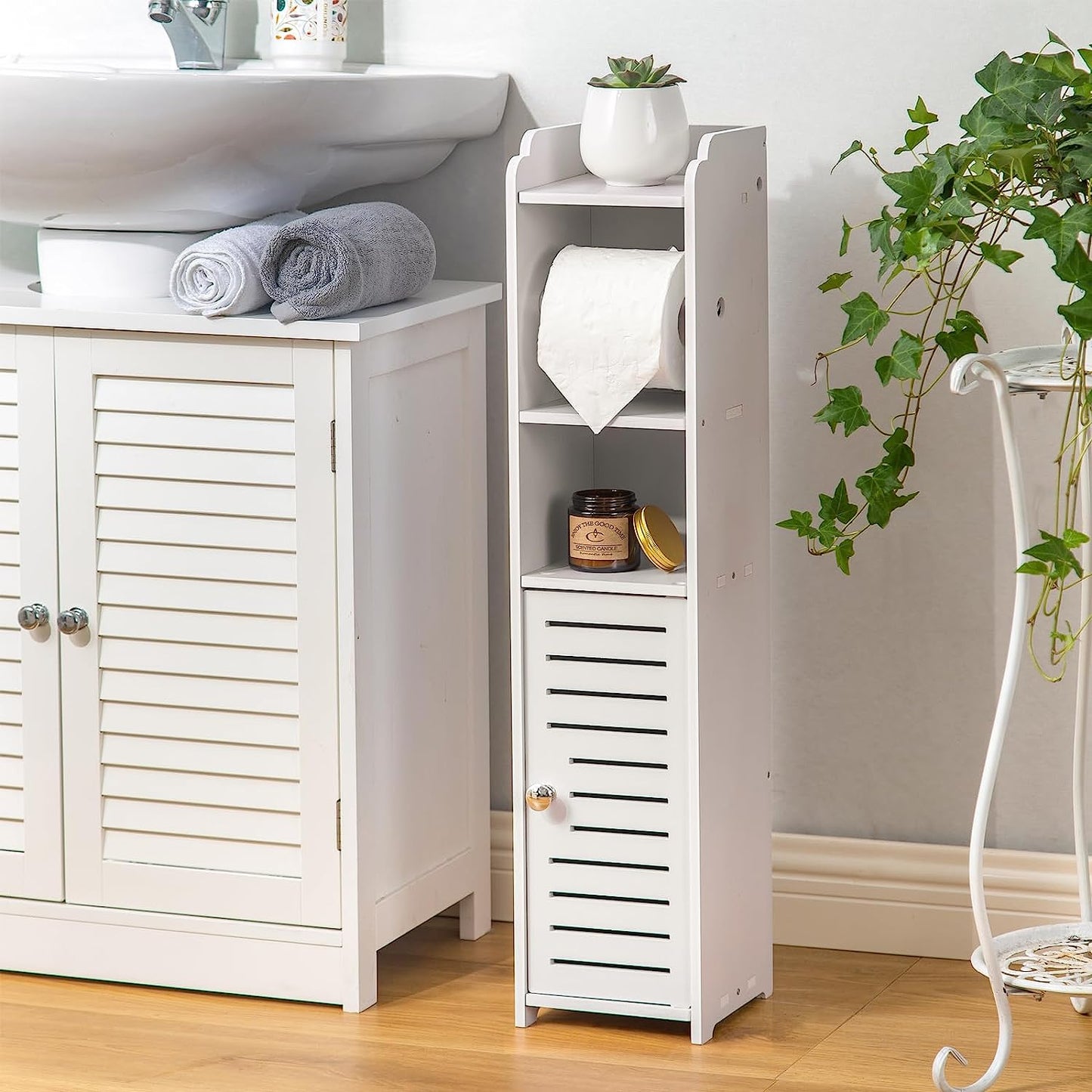 White Bathroom Storage Cabinet with Toilet Roll Holder for Small Spaces - Paper Holder Stand