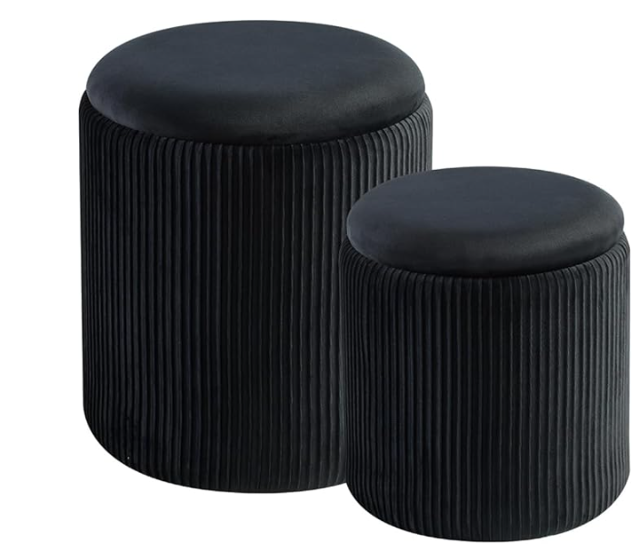 Set of 2 Round Velvet Storage Ottomans (White / Black)