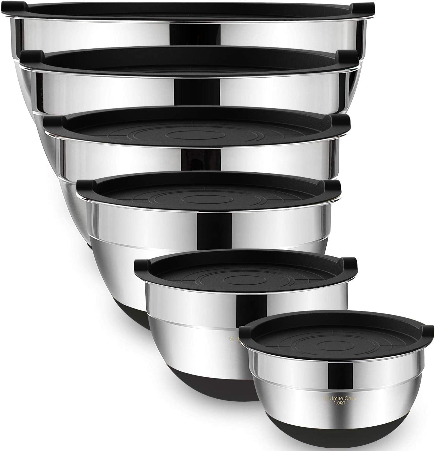 6-Piece Stainless Steel Mixing Bowl Set with Airtight Lids – Non-Slip Nesting Storage Bowls for Mixing & Serving (Sizes: 7, 3.5, 2.5, 2.0, 1.5, 1 QT, Black)