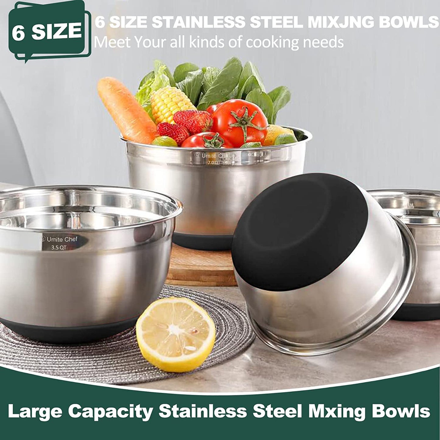 6-Piece Stainless Steel Mixing Bowl Set with Airtight Lids – Non-Slip Nesting Storage Bowls for Mixing & Serving (Sizes: 7, 3.5, 2.5, 2.0, 1.5, 1 QT, Black)
