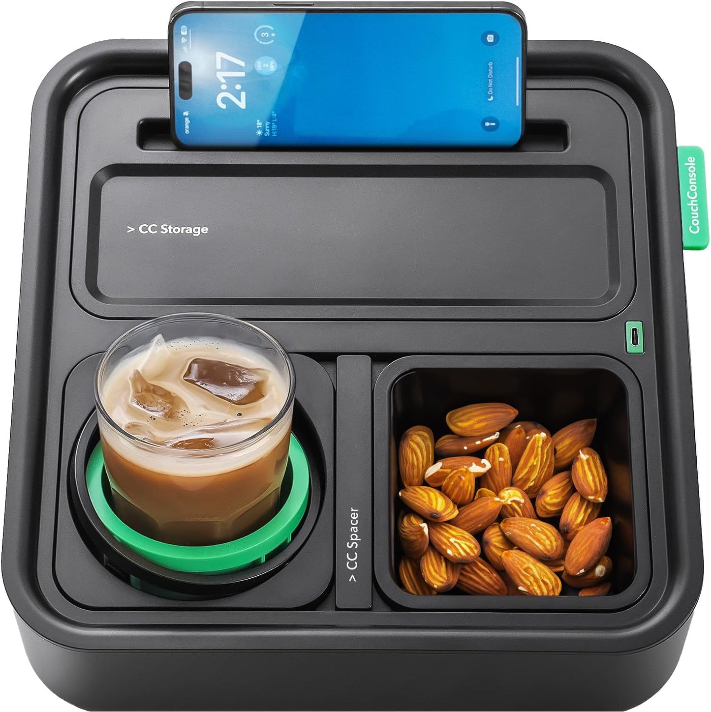 Couch Caddy - Drinks & Snacks Sofa Caddy with Armrest, Table with Phone Stand- TV Remote Control Storage and Organizer - for Living Rooms, RV, and Cars, Black/Green