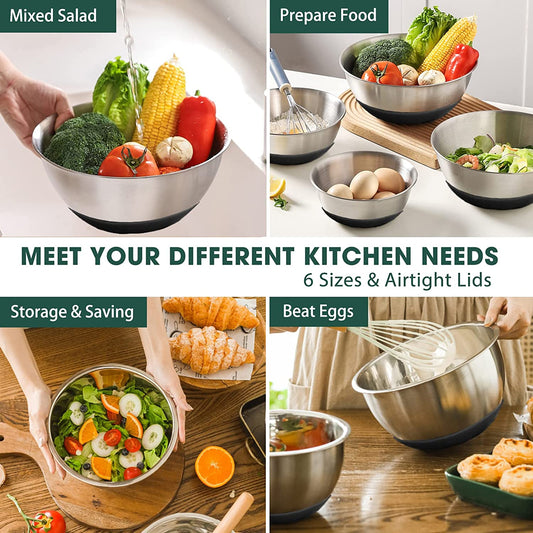 6-Piece Stainless Steel Mixing Bowl Set with Airtight Lids – Non-Slip Nesting Storage Bowls for Mixing & Serving (Sizes: 7, 3.5, 2.5, 2.0, 1.5, 1 QT, Black)