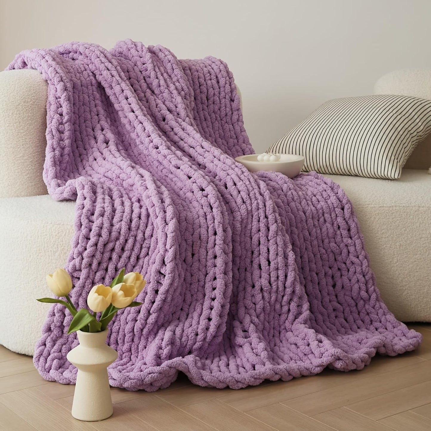 Chunky Knit Blanket – Handmade Chenille Throw Blanket for Couch and Bed (50"x60")