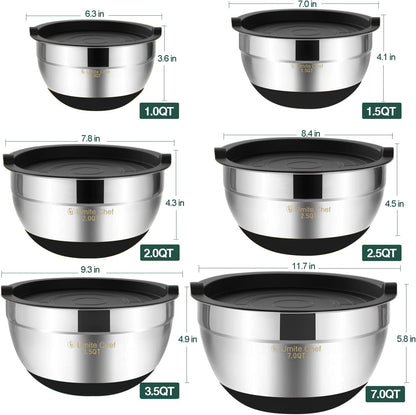 6-Piece Stainless Steel Mixing Bowl Set with Airtight Lids – Non-Slip Nesting Storage Bowls for Mixing & Serving (Sizes: 7, 3.5, 2.5, 2.0, 1.5, 1 QT, Black)