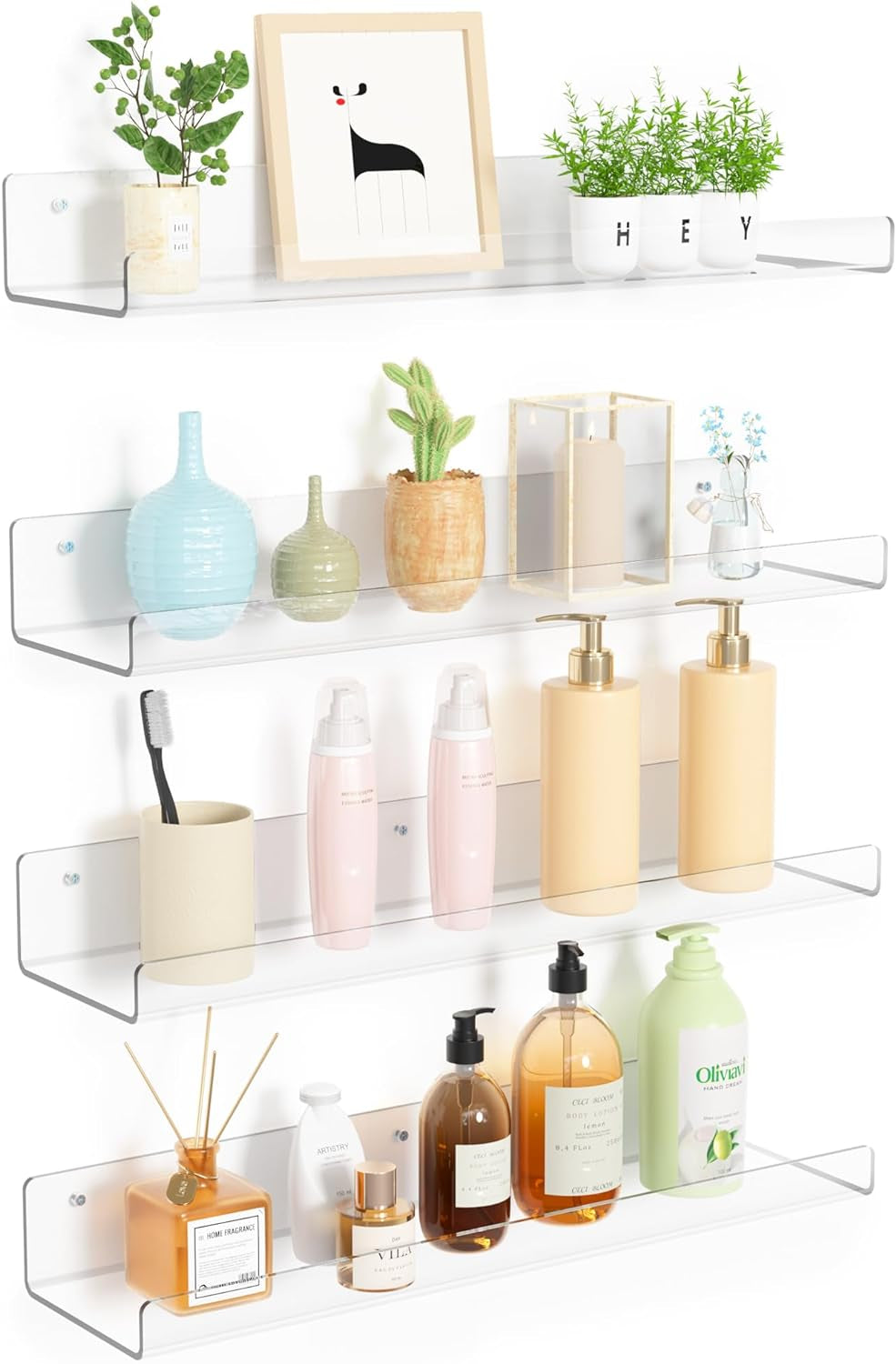 4 Pack Acrylic Clear Shelves for Wall Storage, 15" Floating Bookshelves for Display Shelf Organizer for Bathroom, Bedroom, Living Room, Kitchen.