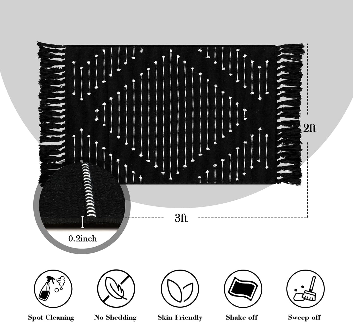 Small Black Boho Moroccan Bathroom Rug with Tassel.