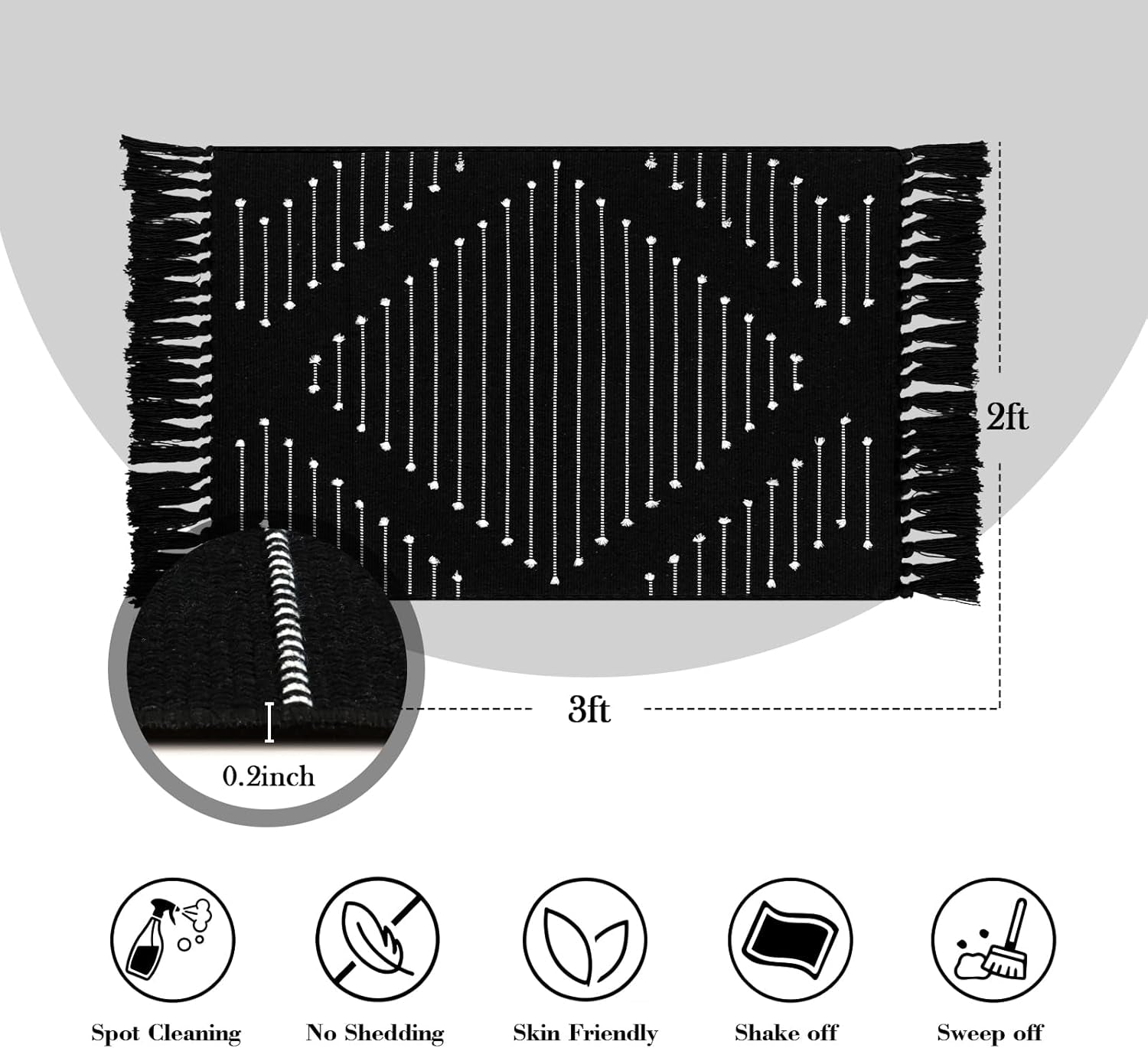 Small Black Boho Moroccan Bathroom Rug with Tassel.