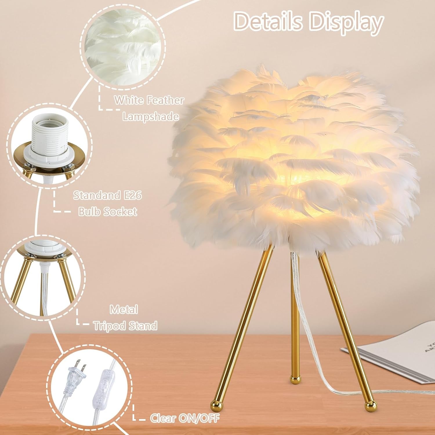 Soft Feather Tripod Table Lamp – Chic Gold Accent Light for Bedroom & Living Room (White/Pink, 15.3")