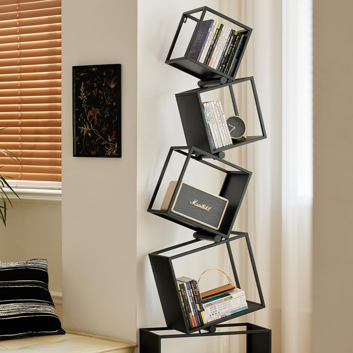 Tall Geometric Bookshelf – Sleek Industrial Metal Display Shelf for Living Room & Bedroom (Black, 72.8")