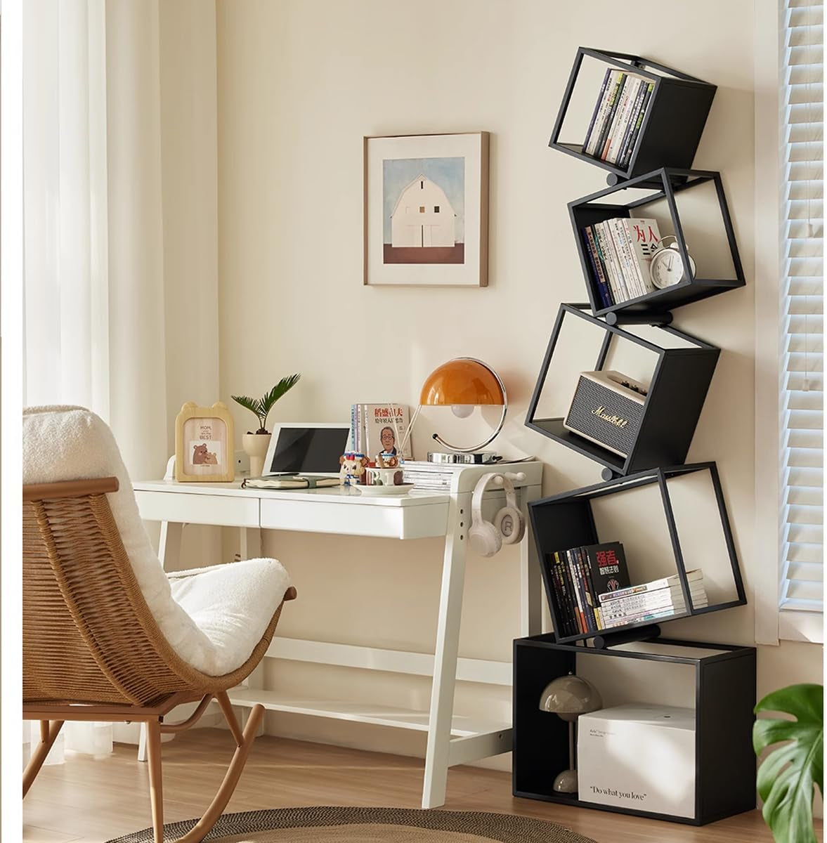 Tall Geometric Bookshelf – Sleek Industrial Metal Display Shelf for Living Room & Bedroom (Black, 72.8")