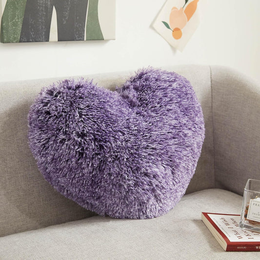 Plush Heart Pillow – Ombre & Solid Color Shaggy Faux Fur Cushion for Cozy Home Decor