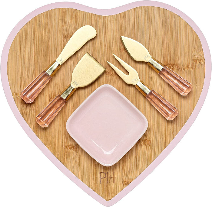 Heart-Shaped Bamboo Charcuterie Board Set with Dip Bowl & Cheese Titanium-Coated Knives in Pink