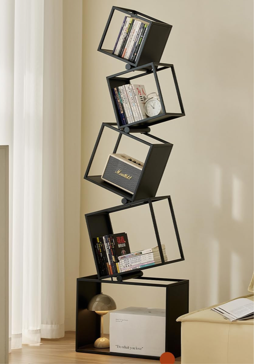Tall Geometric Bookshelf – Sleek Industrial Metal Display Shelf for Living Room & Bedroom (Black, 72.8")