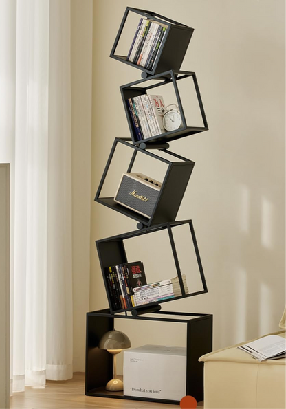 Tall Geometric Bookshelf – Sleek Industrial Metal Display Shelf for Living Room & Bedroom (Black, 72.8")
