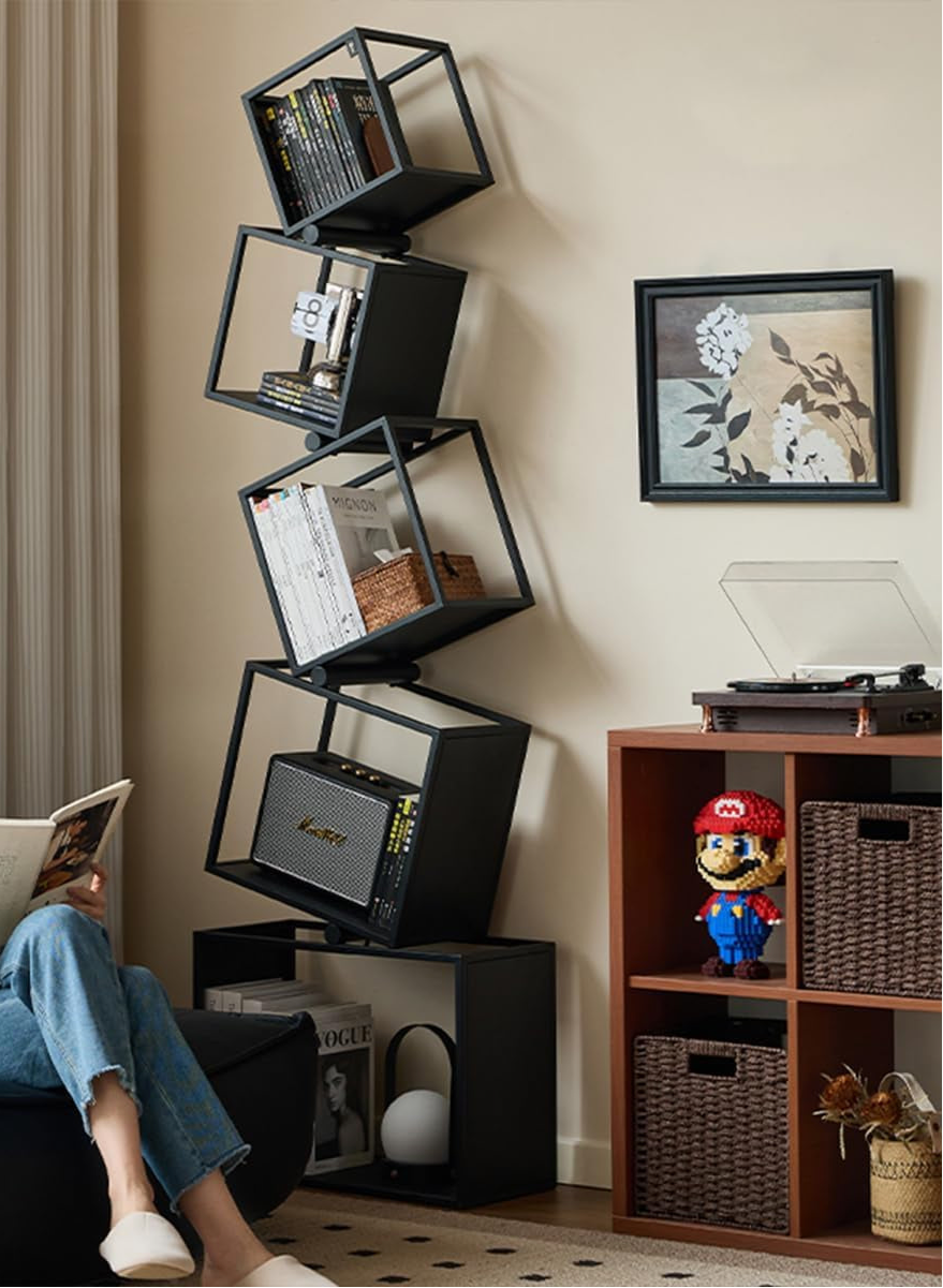Tall Geometric Bookshelf – Sleek Industrial Metal Display Shelf for Living Room & Bedroom (Black, 72.8")