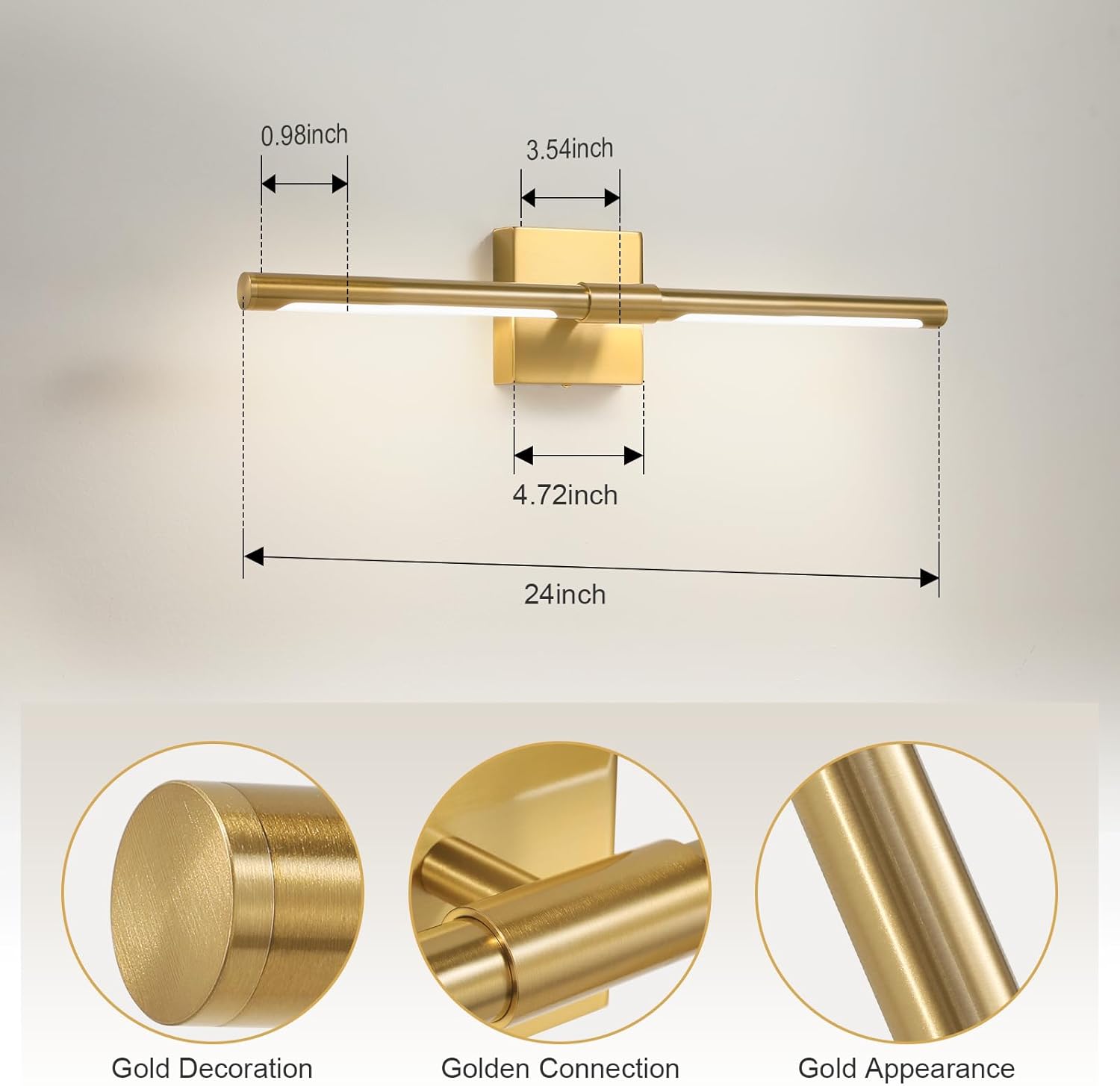 24-Inch Gold LED Vanity Light - Modern Bathroom Over Mirror Sconce, 4000K Adjustable