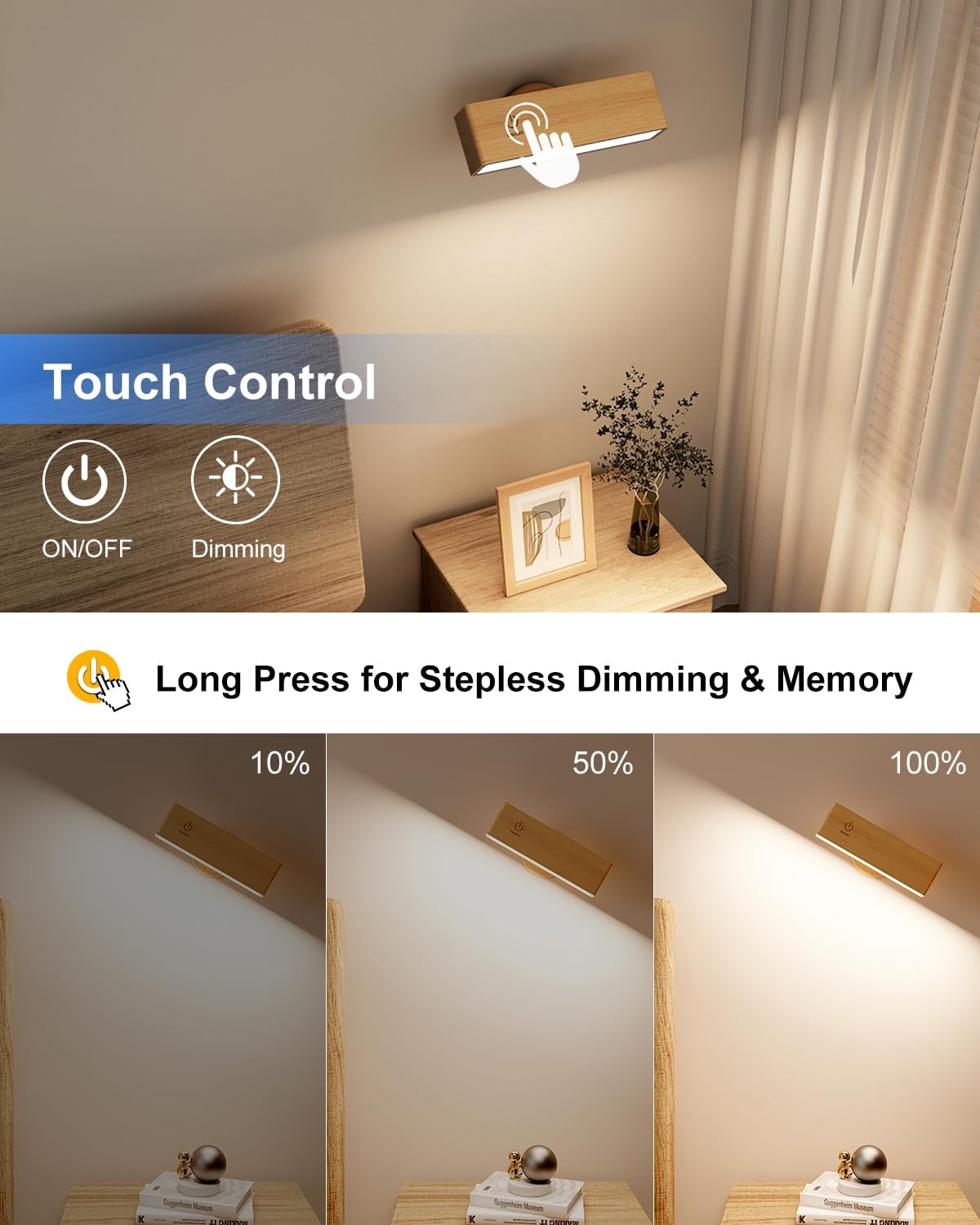 Set of 2 Rechargeable Magnetic Wall Sconces - Dimmable, 360° Rotating Lights