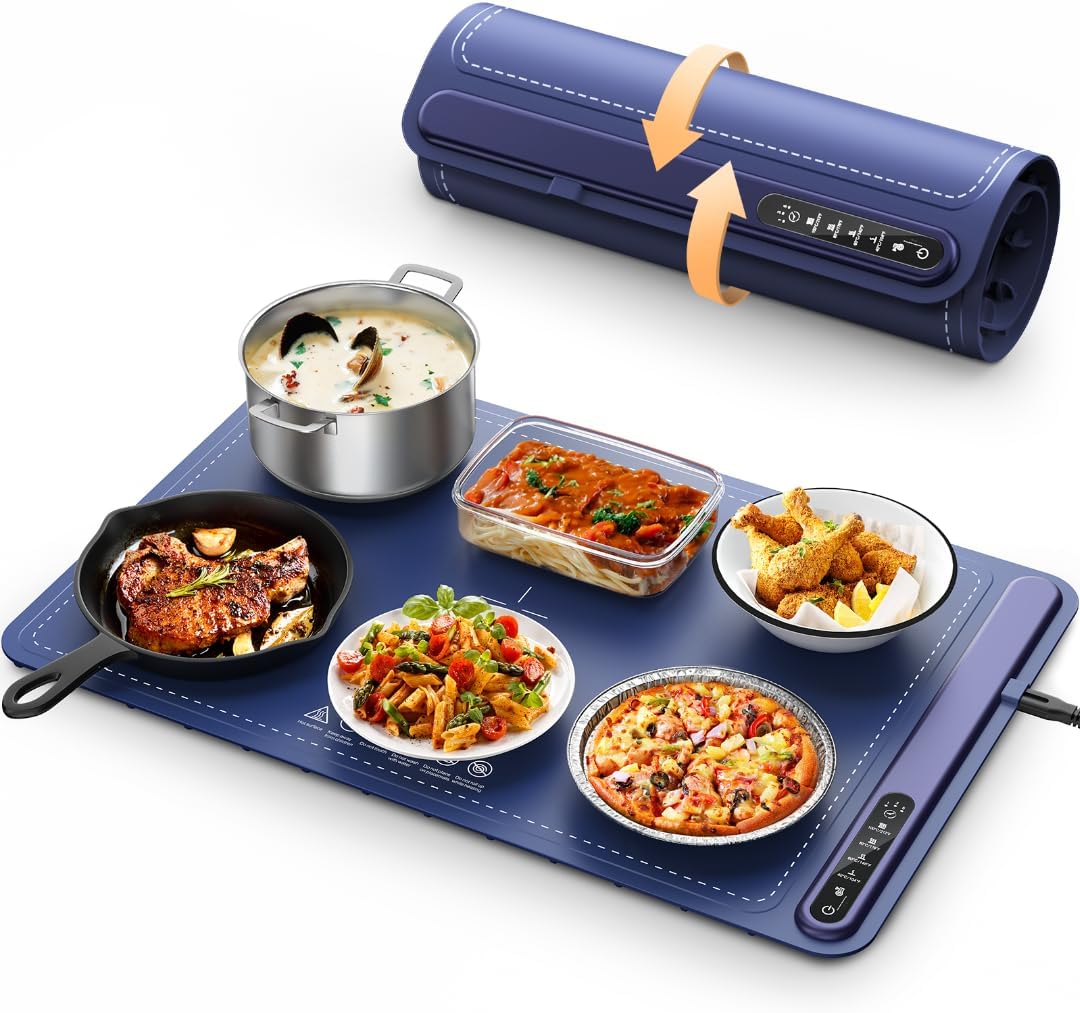 Food Warming Mat - Fast Heating Silicone Electric Warming Tray with 4 Level Temperature, Raised Feet Protects Table, Roll up Buffet Hot Plates Heat Pad, Portable Food Warmer for Parties Home Travel