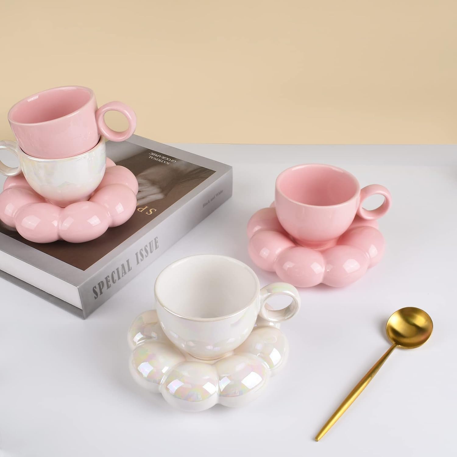 Ceramic Coffee Mug with Saucer Set – 6.5 oz Cup with Sunflower Coaster