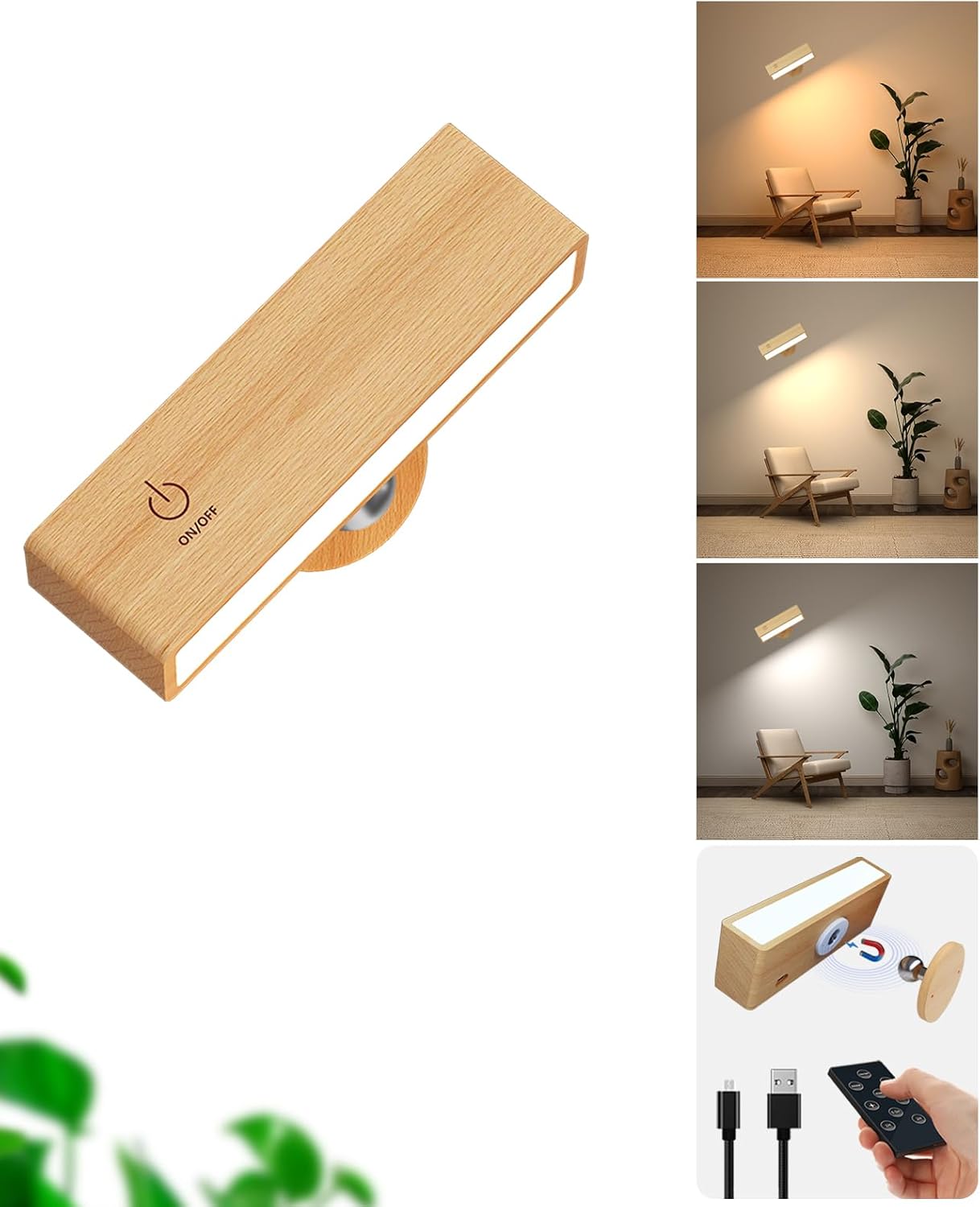Set of 2 Rechargeable Magnetic Wall Sconces - Dimmable, 360° Rotating Lights
