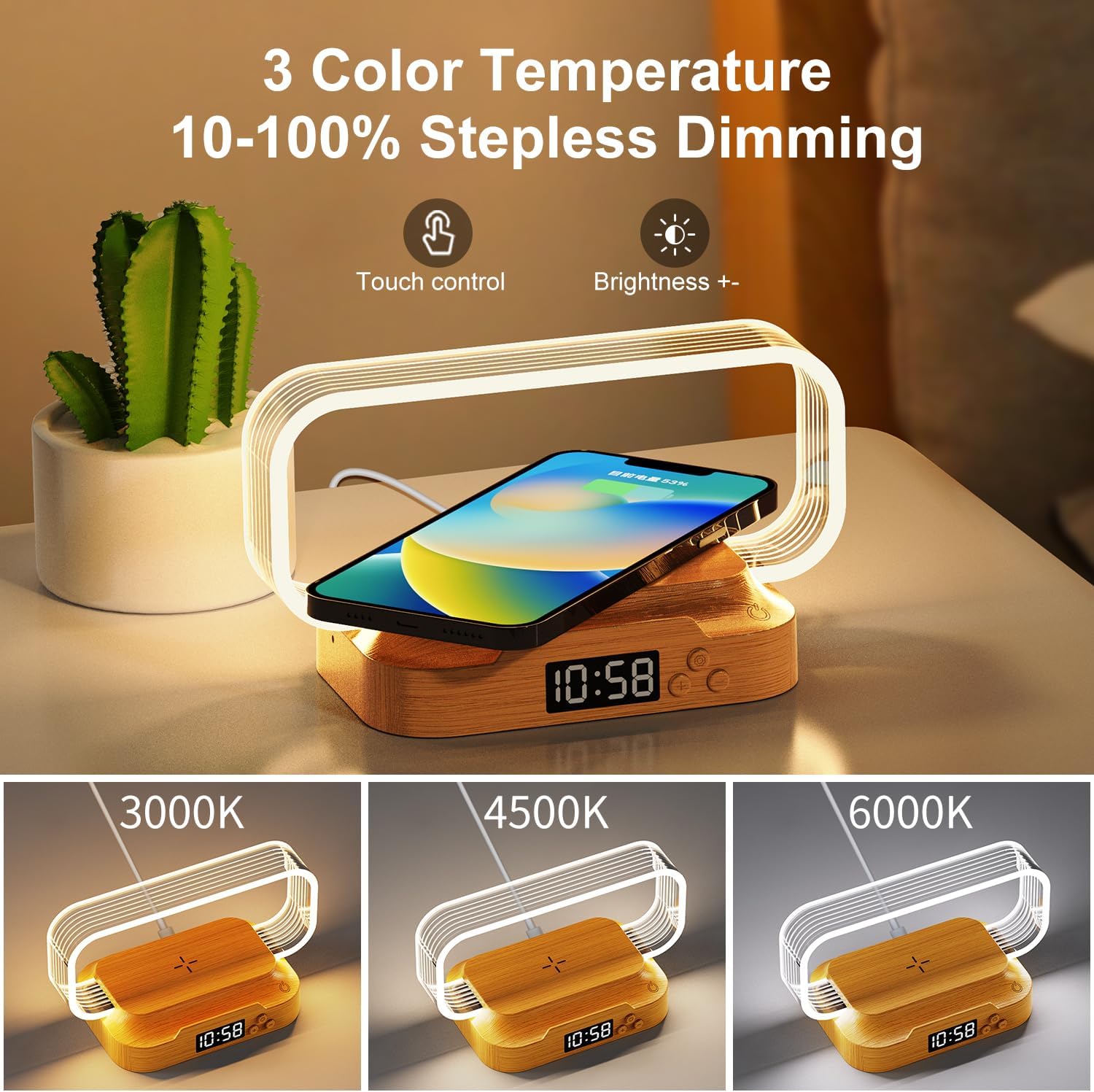 Small Nightstand Lamp with Wireless Charger,Cute Bedside Lamp with Clock,Small Table Lamp for Bedroom,Mini Night Light for Bedroom,Tiny Lamp as Gift,Stepless Dimmable,3 Color Modes