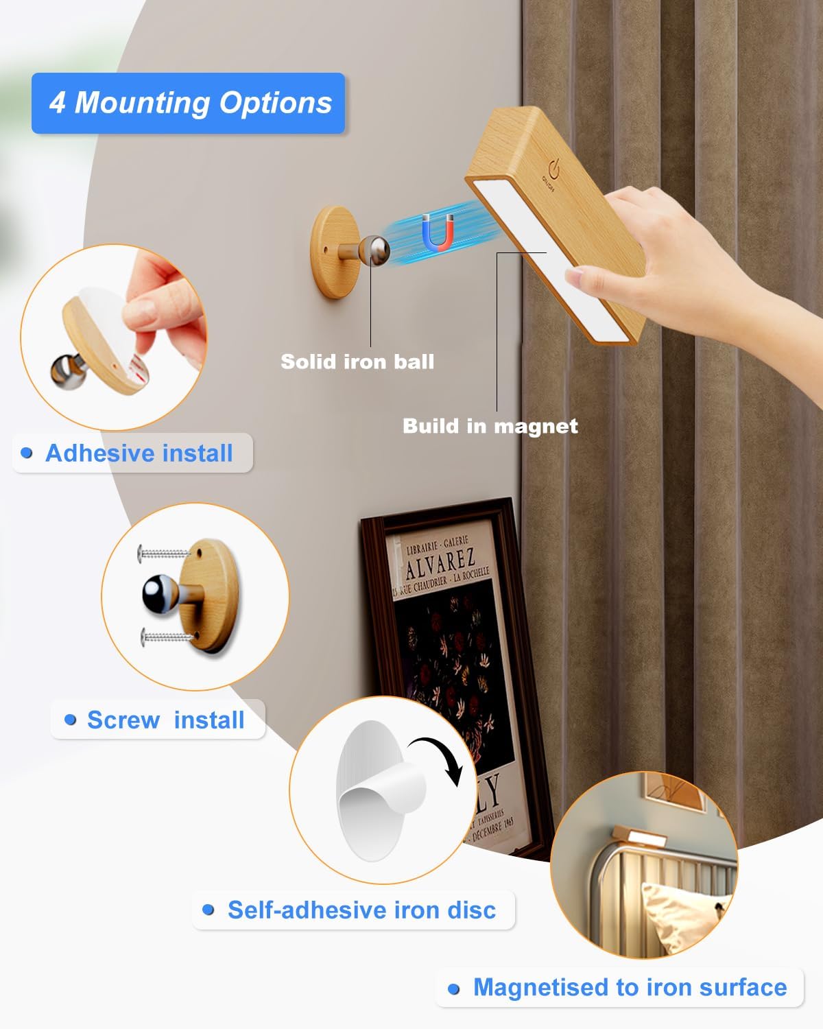Set of 2 Rechargeable Magnetic Wall Sconces - Dimmable, 360° Rotating Lights