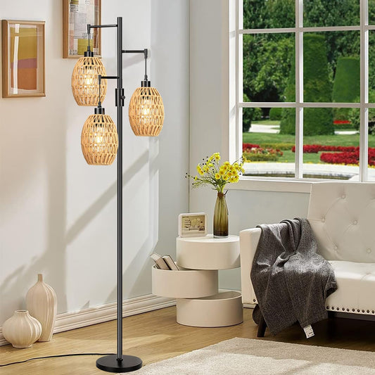 Rustic Tall Floor Lamp – Stepless Dimmable Tree Lamp with Hand-Woven Rattan Shades & Matte Black Finish