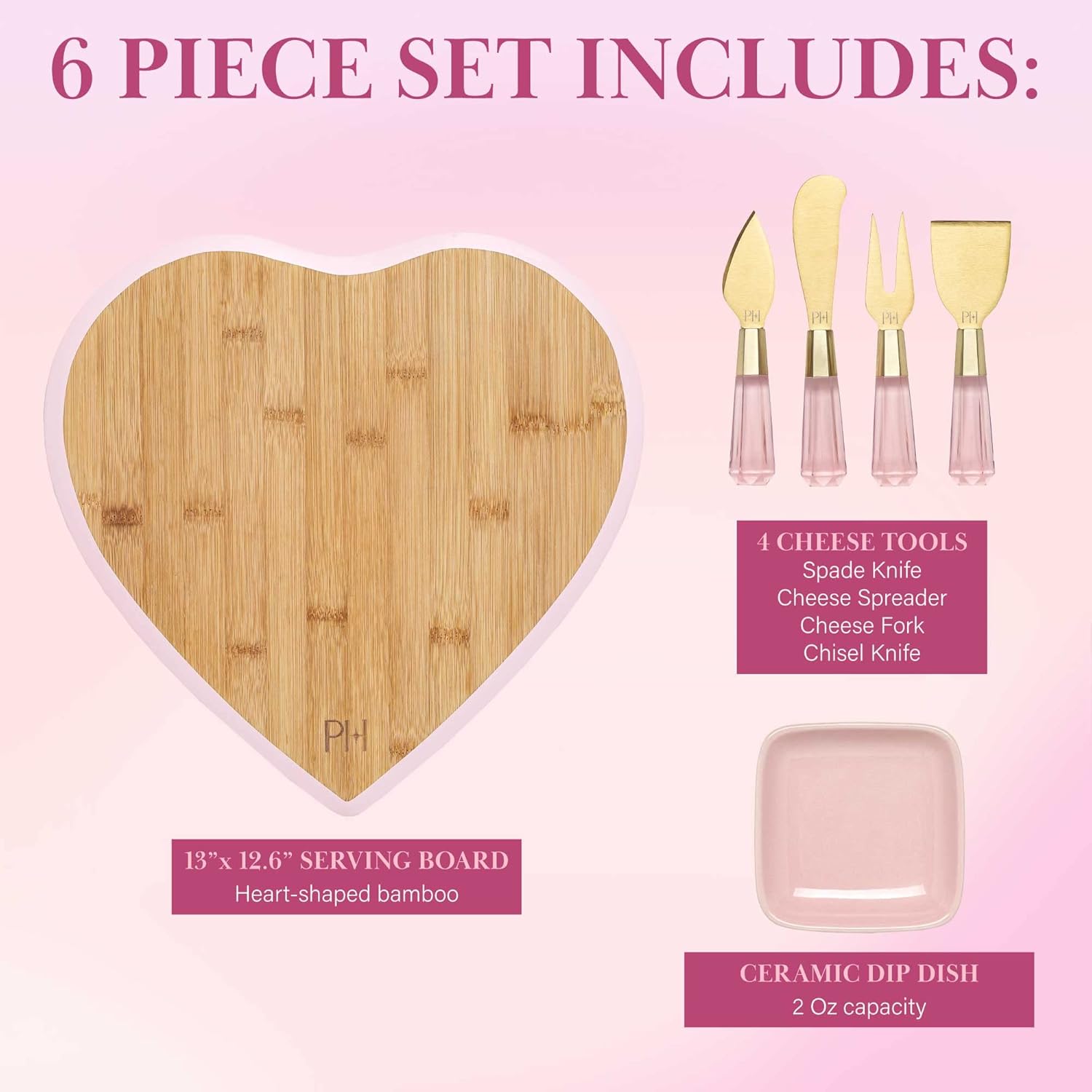 Heart-Shaped Bamboo Charcuterie Board Set with Dip Bowl & Cheese Titanium-Coated Knives in Pink