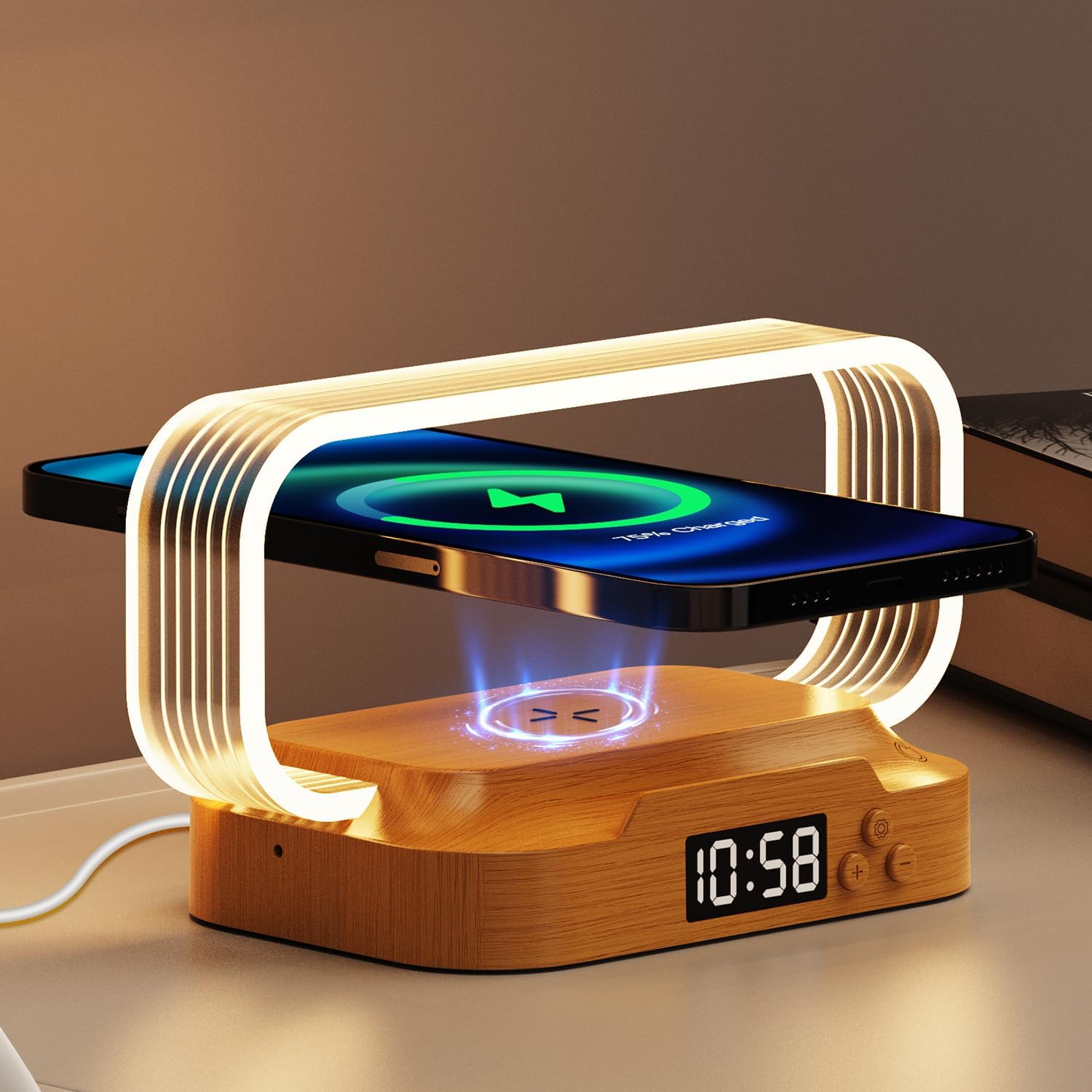 Small Nightstand Lamp with Wireless Charger,Cute Bedside Lamp with Clock,Small Table Lamp for Bedroom,Mini Night Light for Bedroom,Tiny Lamp as Gift,Stepless Dimmable,3 Color Modes
